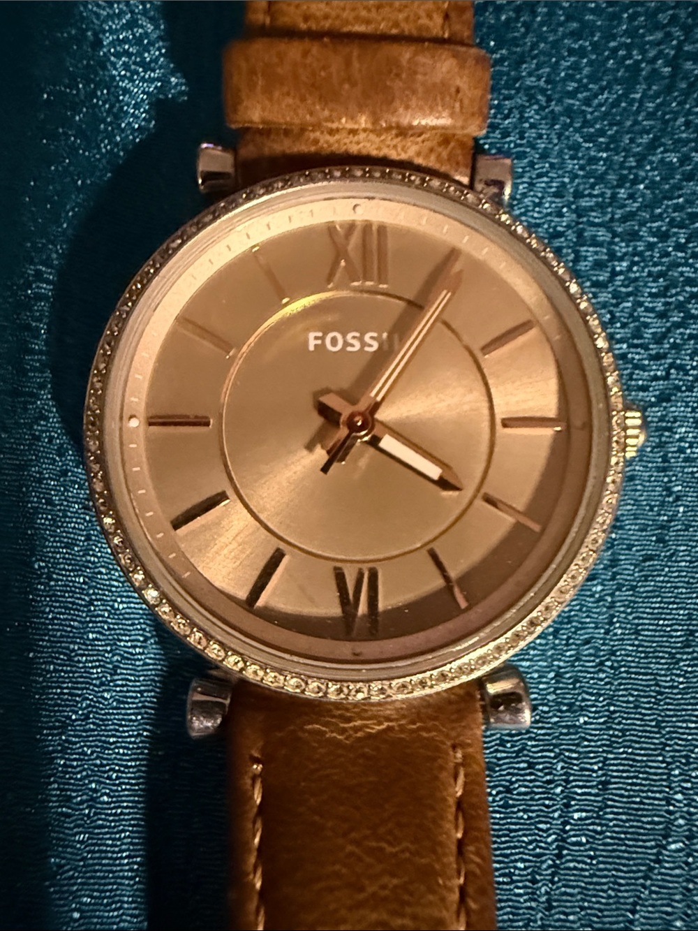 Fossil Women's Brown Leather Strap Watch with Rose Gold Dial and Crystal Bezel